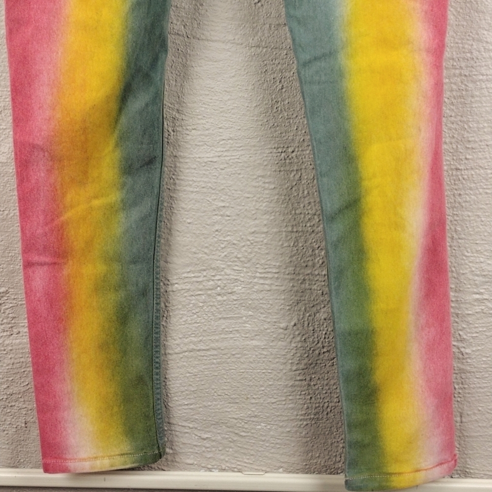 Go Glory Pink Yellow Tie-Dye Mid Rise Button Zip Ripped Skinny Colored Jeans - Picture 14 of 16